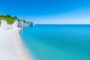 Fototapeta premium Pristine white sand beach meets turquoise water, dramatic white cliffs