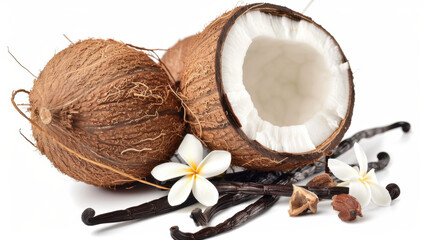 coconut and vanilla on white background