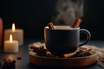 Warm drink with cinnamon sticks and star anise on a wooden platter