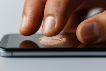 Finger touches smartphone screen to unlock using biometric security feature