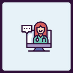 Doctor avatar on a monitor screen offering online consultation service icon