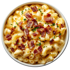 A Bowl of Mac and Cheese Topped with Bacon Bits Isolated on Transparent Background
