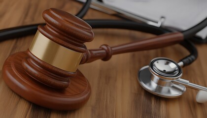Medical legal hammer and stethoscope on wooden table