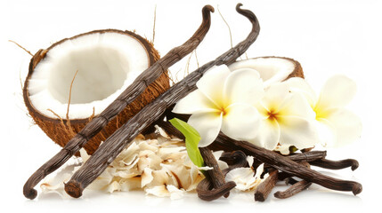 coconut and vanilla on white background