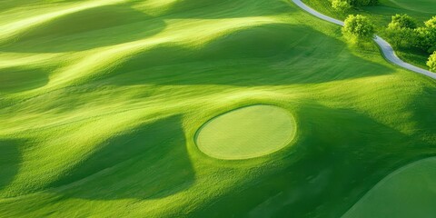 Aerial irrigation systems visible on a stunning golf course, where clear water hazards reflect the vibrant greens in a beautifully composed scene.