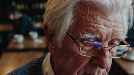 Elderly man in contemplation at cozy cafe setting with background activity