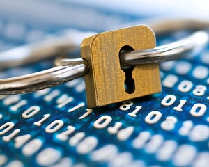 Locked security chain over digital binary data background