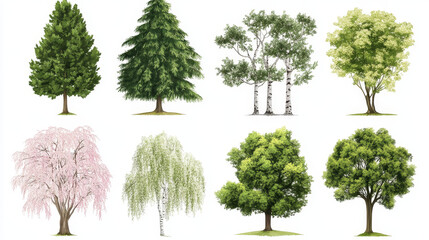 Fototapeta premium Tree types vector green forest pine treetops collection of birch, cedar and acacia or realistic greenery garden with palm and sakura illustration isolated on white background