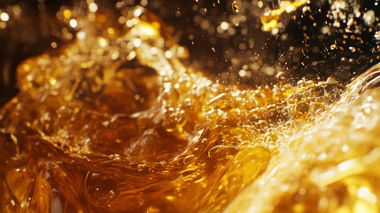 An extreme close-up of real honey being poured, showcasing its rich golden texture and natural viscosity