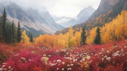 Vibrant Autumn Landscape with Colorful Leaves and Majestic Mountains