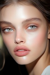 Close-up of a young woman’s flawless face with glowing skin, glossy lips, and natural makeup.