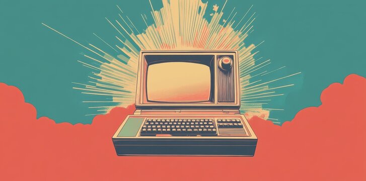 A Retro Computer Displaying Lightburst Above Clouds In Artwork