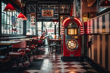 A classic diner interior with red booths, checkered floors, and a vintage jukebox, A retro diner with checkered floors and vintage jukebox