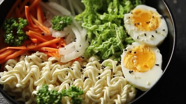 budda bowl noodles vegetables salad tasty fresh delicious gourmet food background table rustic food top view copy space keto and paleo diet vegetarian and vegan food