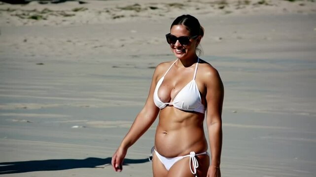 A Beautiful smiling athletic mature 50 years old woman in sunglasses is  walking on the beach in white bikini