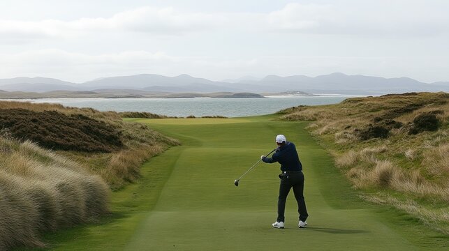 Golfer drives on coastal links golf course - Powered by Adobe