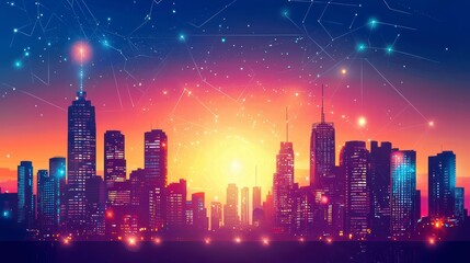 Digital Metropolis at Sunset: A futuristic city silhouette shimmers against a vibrant sunset, interwoven with digital network threads, symbolizing connectivity and technological advancement.