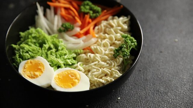 budda bowl noodles vegetables salad tasty fresh delicious gourmet food background table rustic food top view copy space keto and paleo diet vegetarian and vegan food