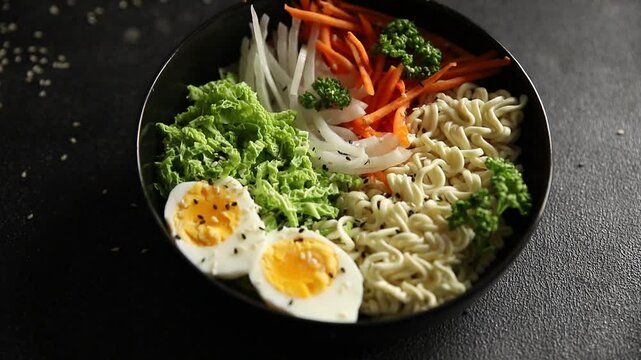 budda bowl noodles vegetables salad tasty fresh delicious gourmet food background table rustic food top view copy space keto and paleo diet vegetarian and vegan food