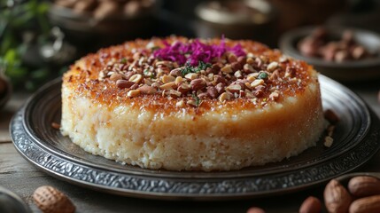 Traditional Middle Eastern dessert kunefe served on a plate. Golden crispy shredded dough kunefe with peanuts.