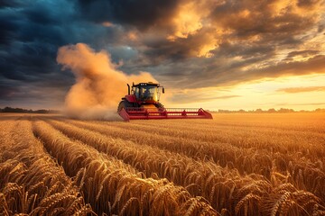 Fototapeta premium Red tractor is driving through a field of wheat. The sky is cloudy and the sun is setting