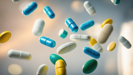 Slow Motion Capture Of Various Medical Pills And Capsules Thrown Into The Air, Isolated On Black Background, Showcasing A Dynamic Explosion Of Brown, White, And Yellow Medicines In Flight.