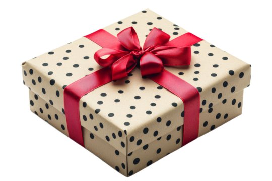 Polka dot gift box with red ribbon and bow