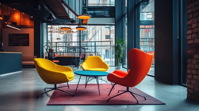 Colorful modern chairs surrounding a small table inside an office