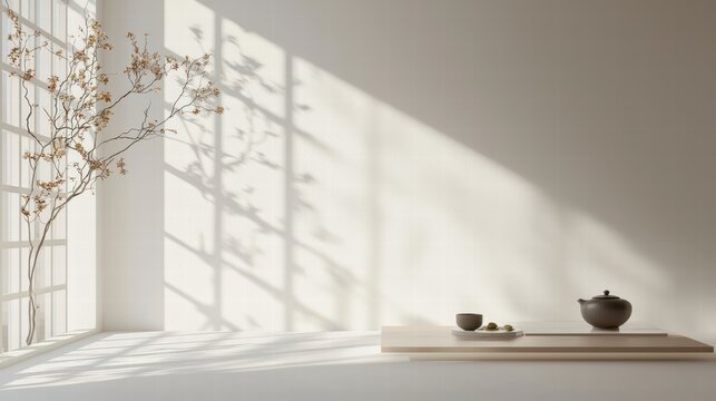 Serene Tea Ceremony: Capturing the tranquility of a minimalist tea ceremony with sunlit shadows, an atmosphere of Zen relaxation, and an ambiance of peace and contemplation. 