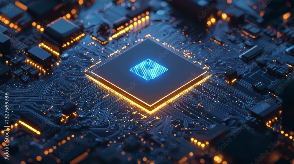 Poster cybernetic core: illuminated circuits of a cpu unit with an internal glowing, radiating the core of 