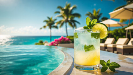 Obraz premium Refreshing mojito with lime and mint sits poolside at a luxury tropical resort with a blue ocean view.