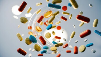 Slow Motion Capture Of Various Medical Pills And Capsules Thrown Into The Air, Isolated On Black Background, Showcasing A Dynamic Explosion Of Brown, White, And Yellow Medicines In Flight.