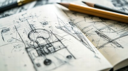 Architectural Sketches: A close-up shot of a notebook filled with intricate architectural sketches alongside sharpened pencils, depicting creative concepts and design work.