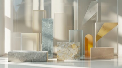 Abstract Geometric Shapes in Modern Interior Design with Natural Light and Textured Materials