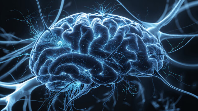 Detailed depiction of a human brain with glowing neural pathways highlights its complexity.