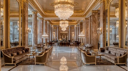 A luxurious hotel lobby with extravagant crystal chandeliers, gold-accented furniture, and sleek marble floors