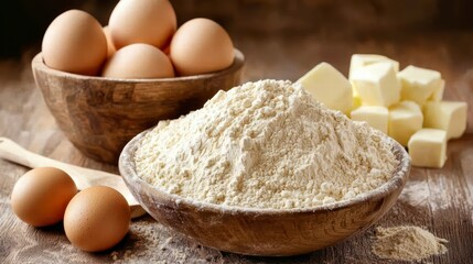 Baking Essentials: A visual feast of ingredients: fresh eggs nestling in a rustic bowl, alongside a generous mound of flour and perfect butter cubes, showcasing the simple elegance of baking.