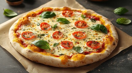 Delicious pizza with mozzarella cheese, tomatoes, and basil