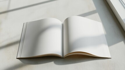 Open magazine mockup resting on a smooth, light surface with soft shadows highlighting its blank pages