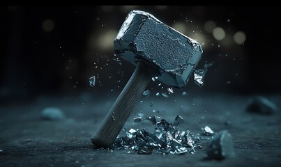 A large hammer smashes on a surface creating shattered pieces