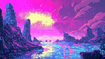 Neon Landscape with Digital Vibe: An abstract, pixelated landscape bursts with vibrant neon colors, evoking a sense of digital art and futuristic aesthetics.