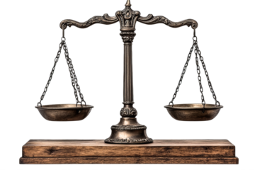 Classic balance scale on wood, clear background