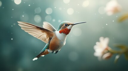 Fototapeta premium Delicate hummingbird hovers gracefully near blooming flowers in soft light