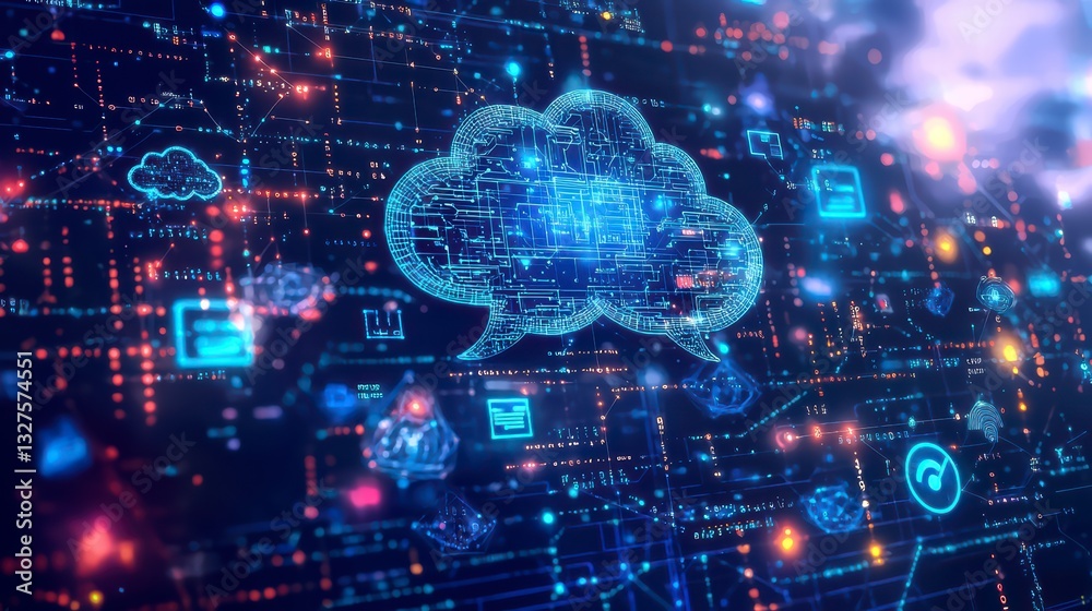 Poster cloud computing blueprint: an artistic depiction of cloud computing, showcasing data transfer throug