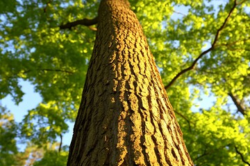 Fototapeta premium Majestic tree trunk basking in golden sunlight through lush green foliage