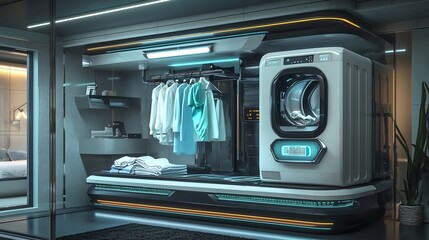 Ai controlled robotic laundry system washing drying folding clothes autonomously hyper detailed futuristic smart home efficiency