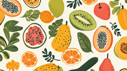 Organic vegetable tropical fruit seamless pattern flat vector illustration. Healthy eco food product. Wrapping design paper packaging, banner for wholesome foodstuff, proper nutrition.