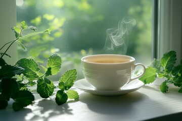 A minimalistic scene featuring a steaming cup of tea on a windowsill surrounded by fresh green leaves