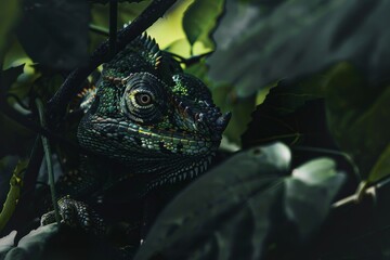 Fototapeta premium A close-up shot of a chameleon blending seamlessly with the surrounding greenery, Elusive creatures hidden in the shadows