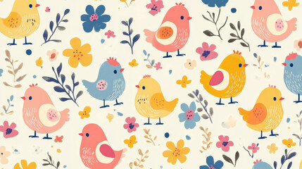 Easter seamless pattern retro vintage design party holiday celebration wallpaper and greeting colorful fabric textile with chick vector illustration.